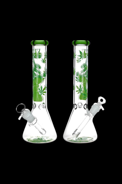 Two glass bongs with green cannabis leaf designs.
