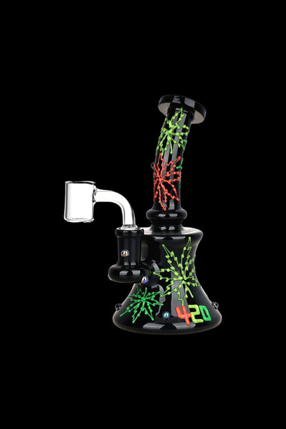 Black glass rig with vibrant green and red accents, featuring a quartz nail and “420” lettering.