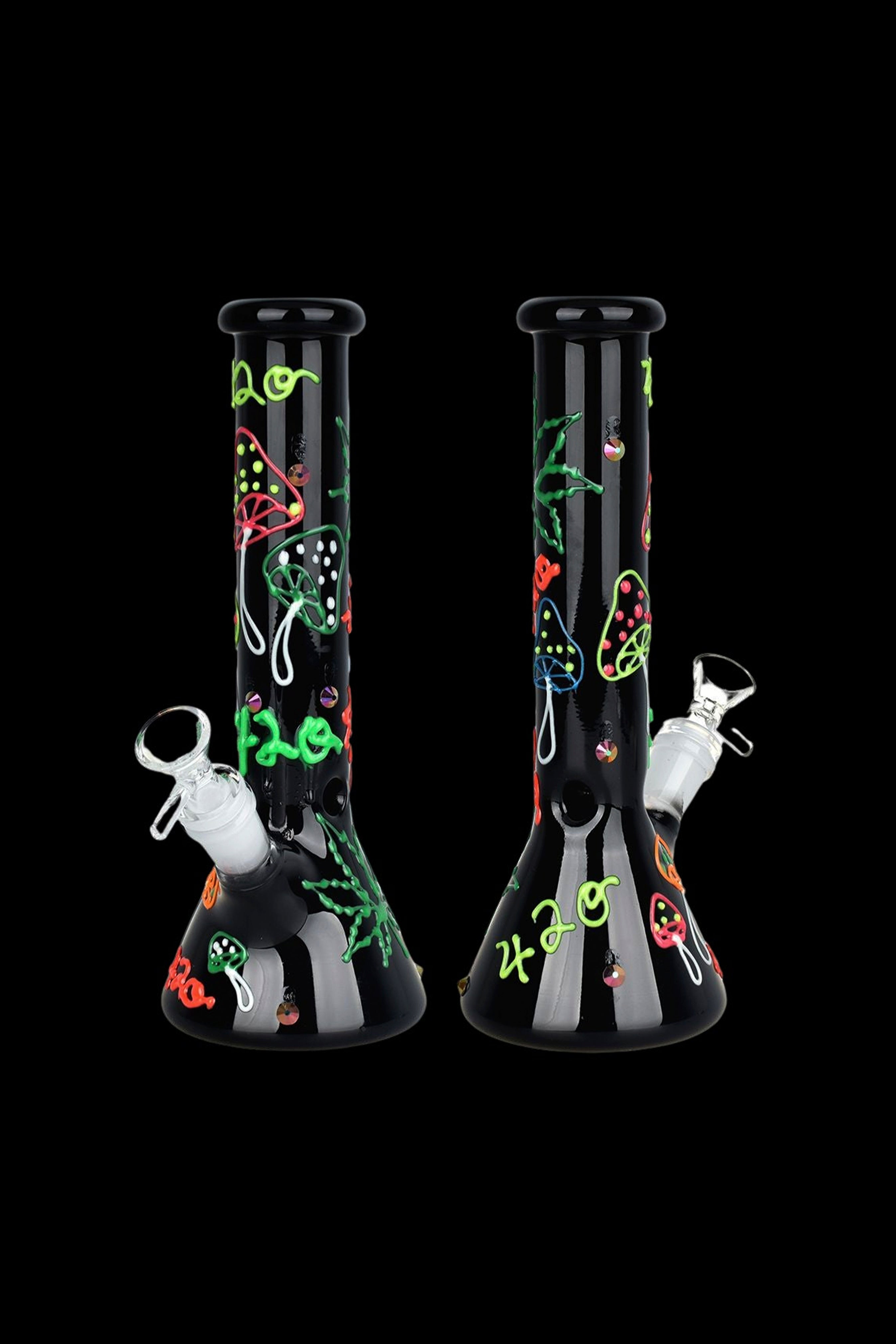 A black glass bong decorated with glowing green and red cannabis-themed designs, including leaves, eyes, and “420” text, against a black background.