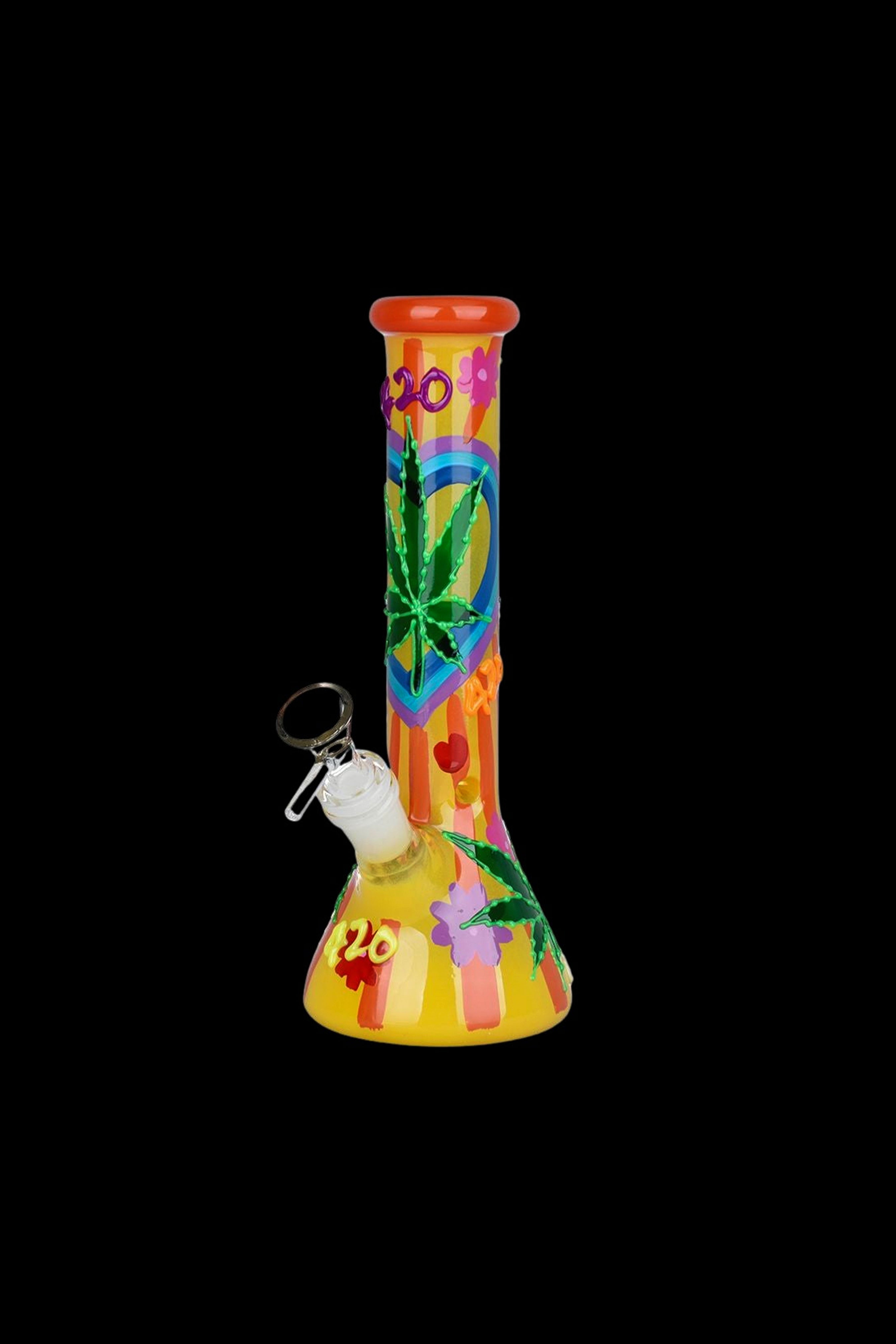 Colorful glass bong with peace sign and cannabis leaf design.