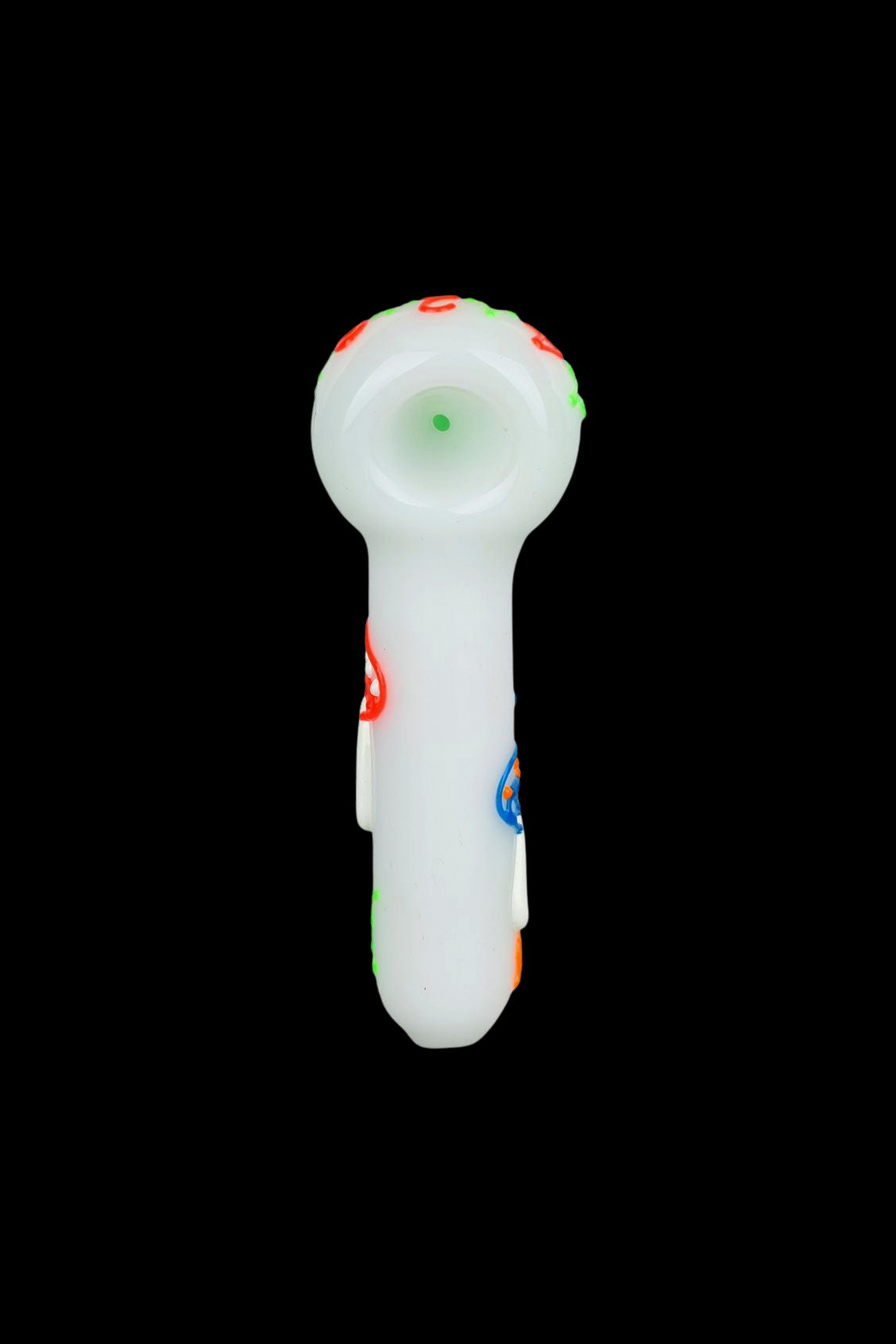 Frosted glass pipe with colorful accents.