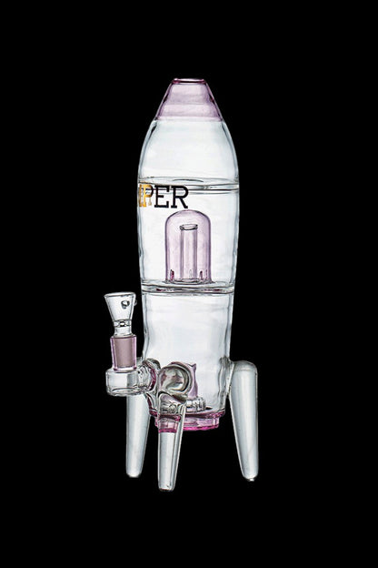 Glass rocket ship-shaped water pipe with pink accents, isolated on a black background.