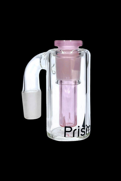 Clear glass bubbler water pipe with pink accents and "Prism" logo.