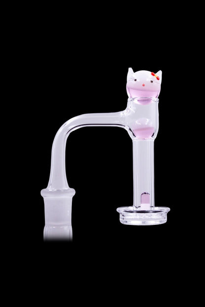 Right-side close-up of The Stash Shack Pinky Kitty Glass Slurper Set showing a clear glass slurper with a small pink cat head accent against a black background.