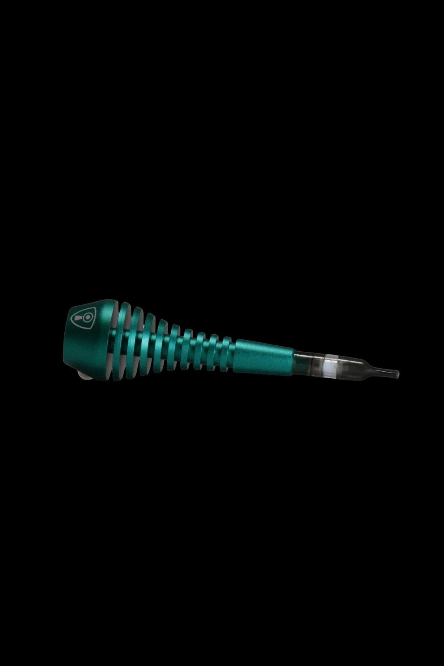Emerald green cannabis oil vaporizer pen isolated on a black background.