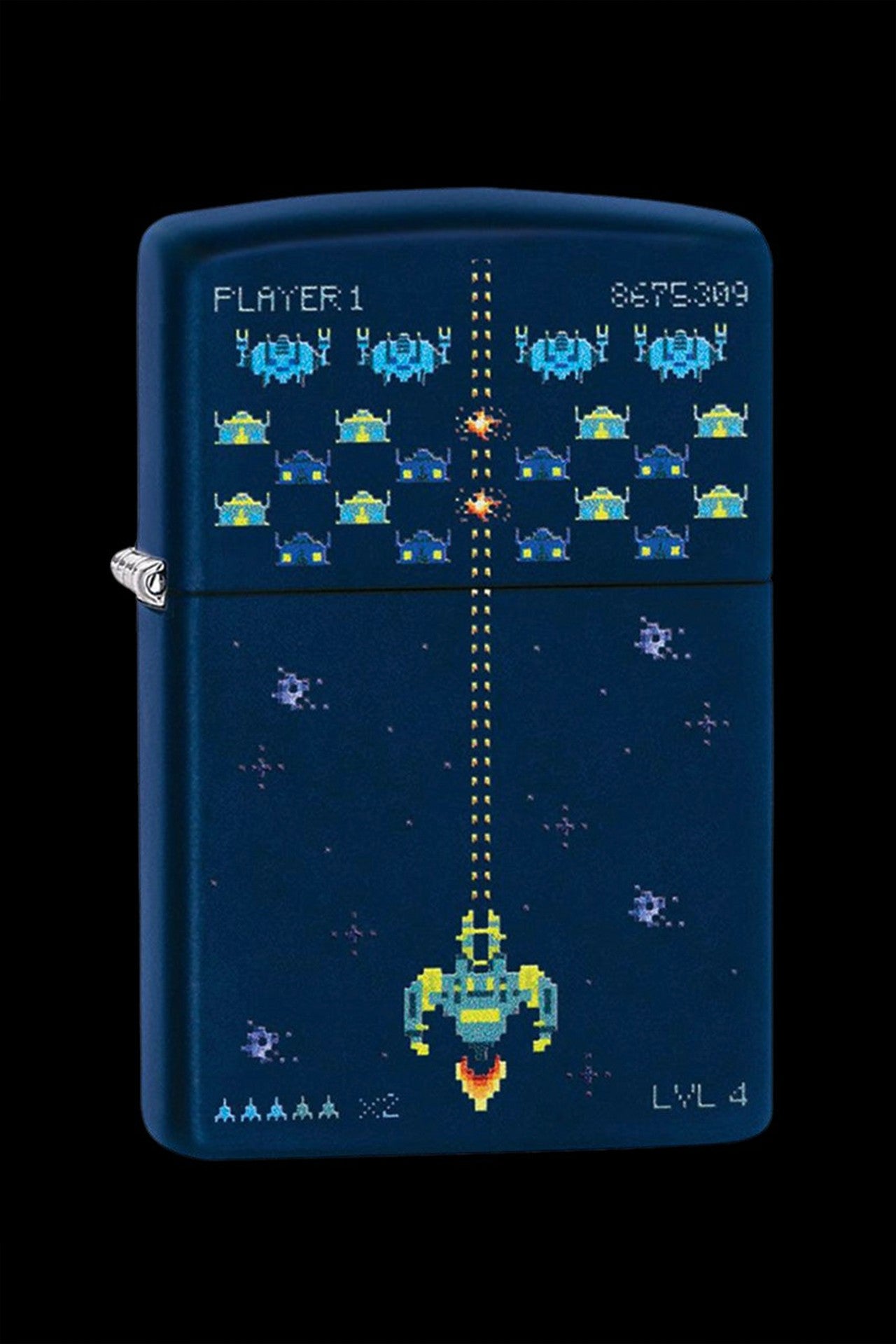 A Zippo lighter displaying a pixelated Space Invaders game scene with a spaceship shooting at alien invaders.