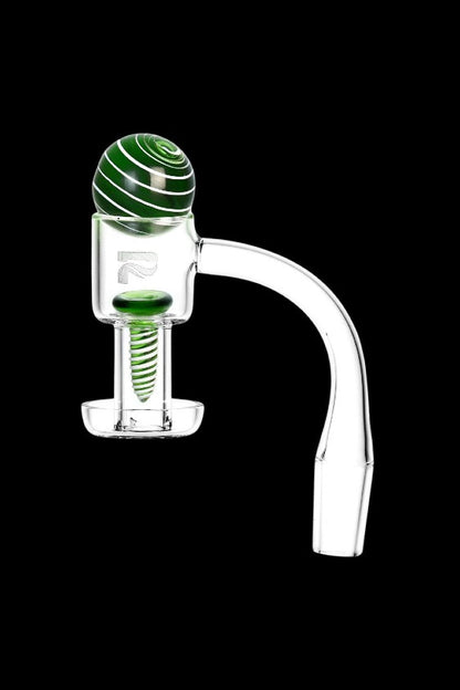 Green and clear glass dab rig with a curved mouthpiece.