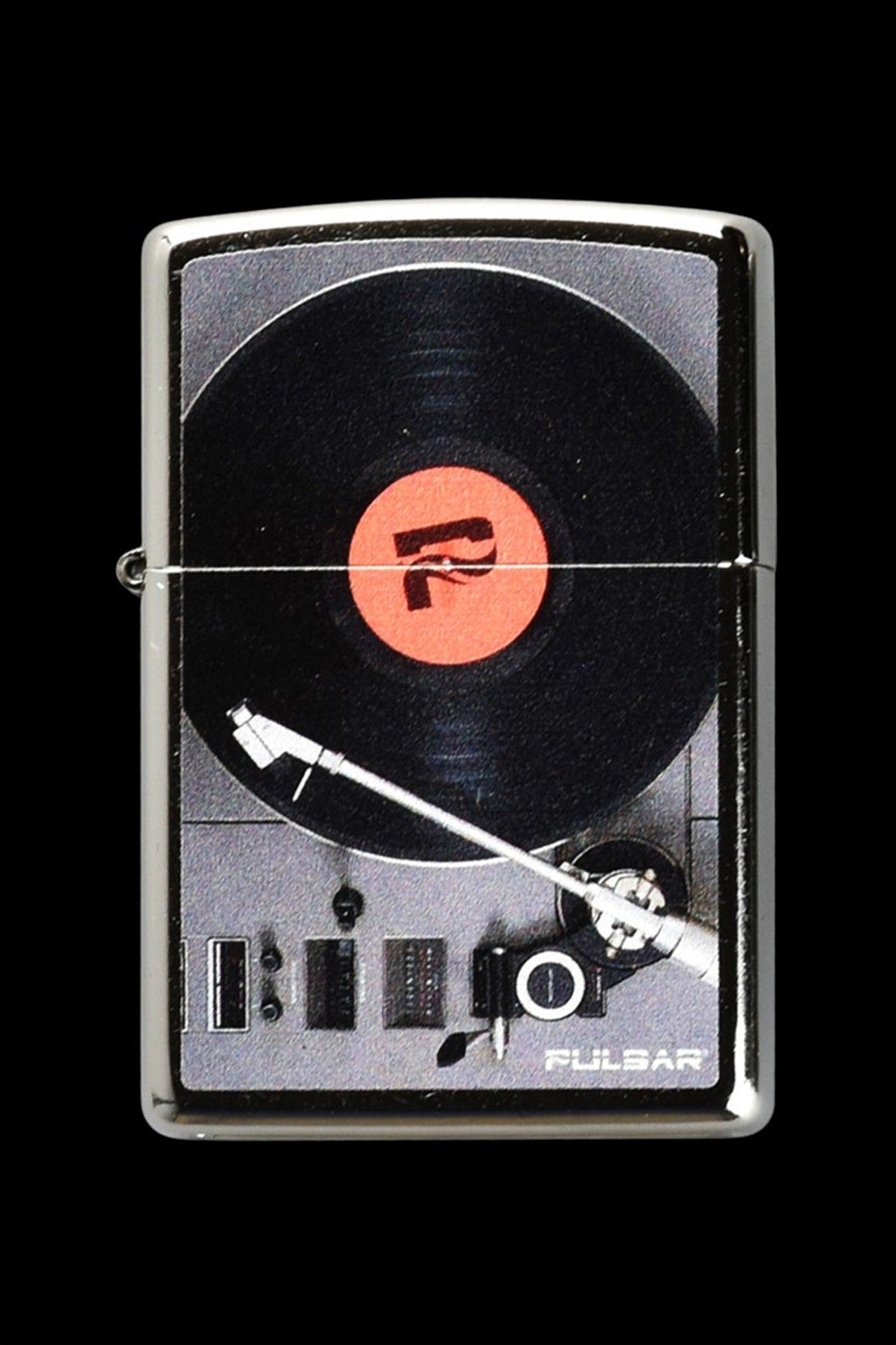 Zippo lighter featuring a vinyl record player design with a red “7” logo, branded “Pulsar.”