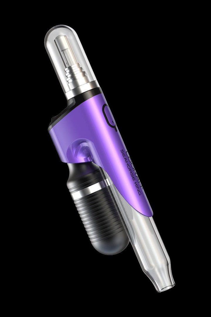 Purple electronic dab rig with glass mouthpiece, isolated on a black background.