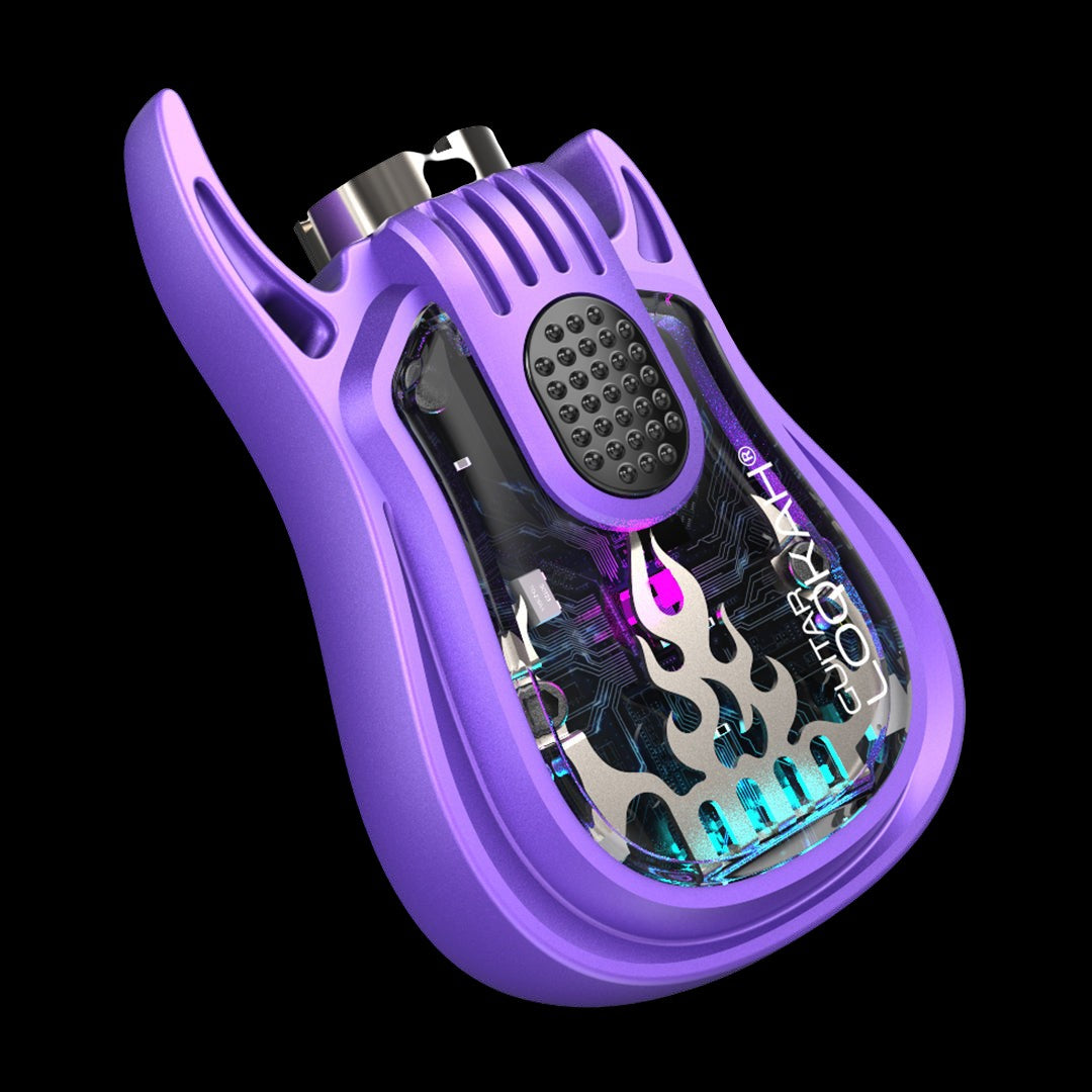 Purple electronic vaporizer with flame and circuit board design.