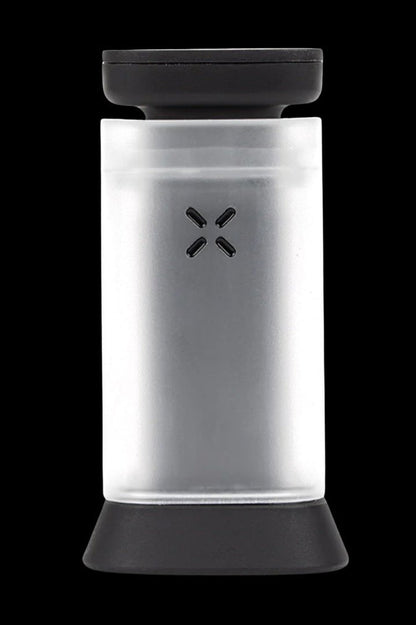 Frosted glass Pax Plus vaporizer with black accents, studio shot.