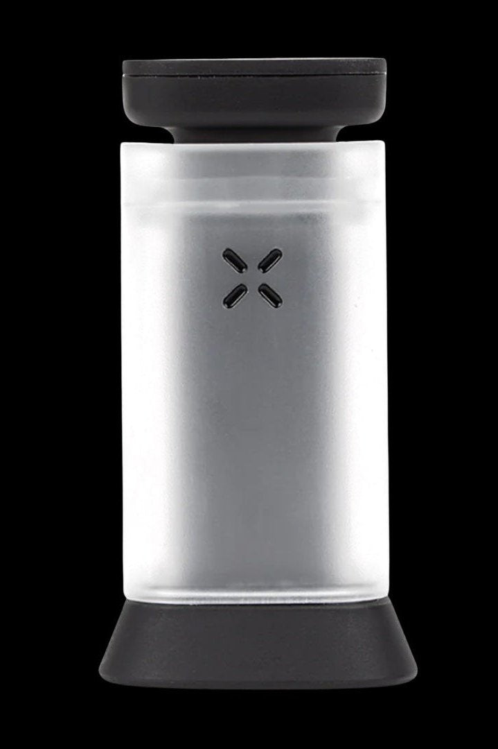 Frosted glass Pax Plus vaporizer with black accents, studio shot.