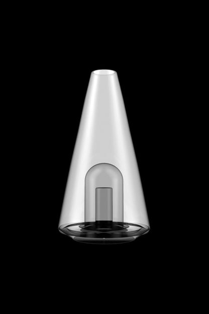 Clear glass cannabis vaporizer on a black base.