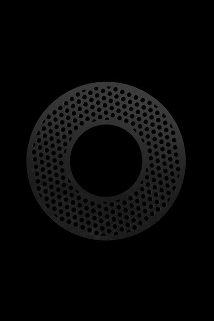 Black metal smoking bowl screen with perforated holes.