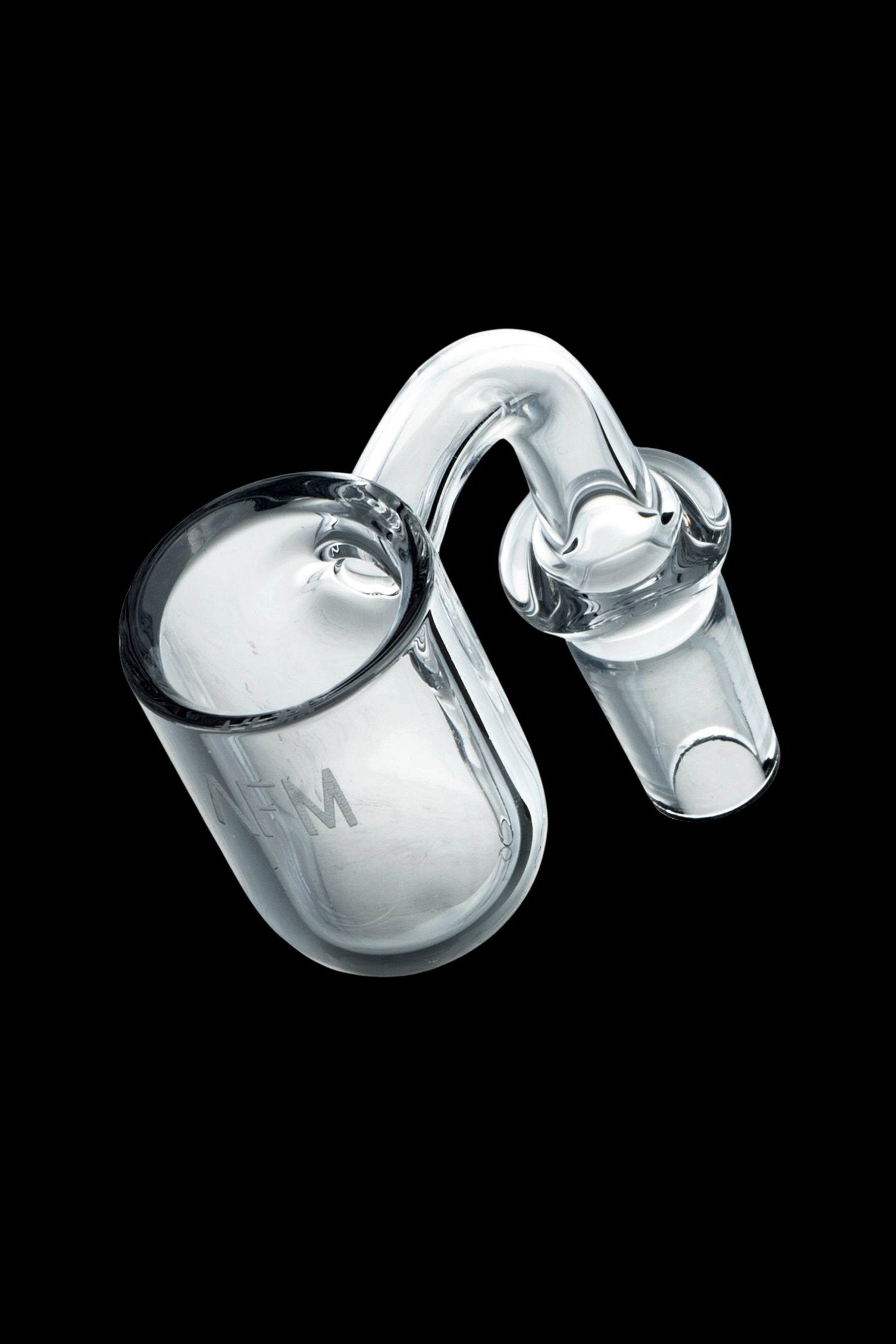 Clear glass cannabis concentrate carb cap with rounded cup and angled mouthpiece.