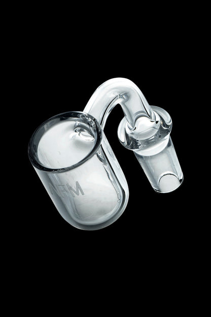 Clear glass cannabis concentrate carb cap with rounded cup and angled mouthpiece.