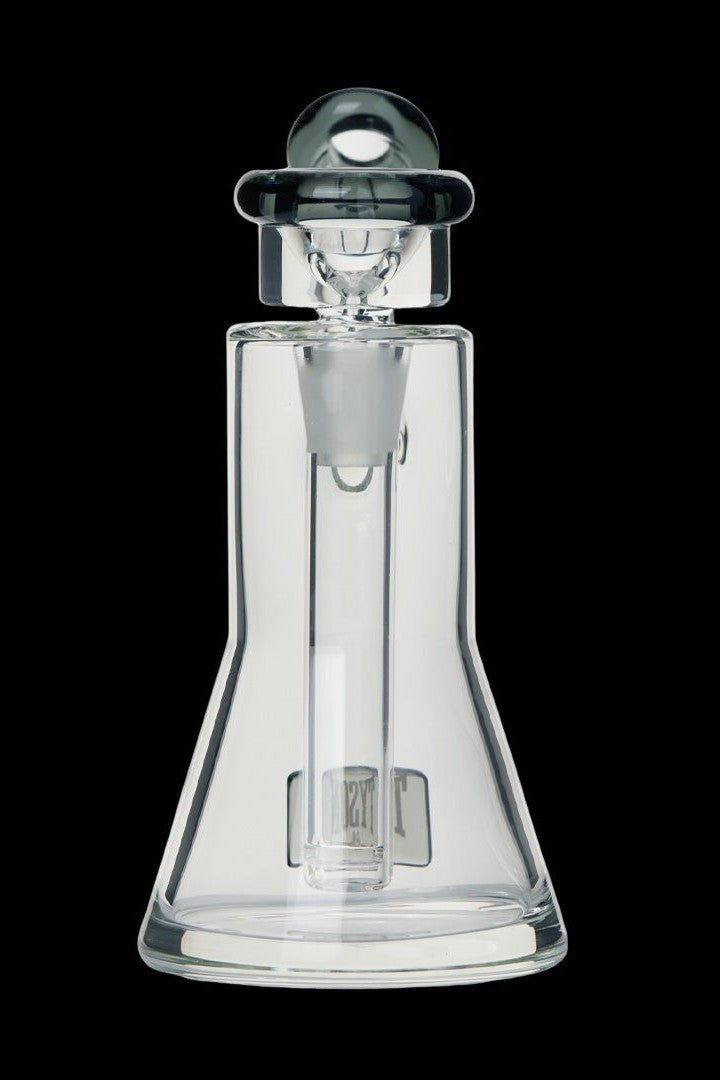 Clear glass dab rig with intricate design and angled mouthpiece.