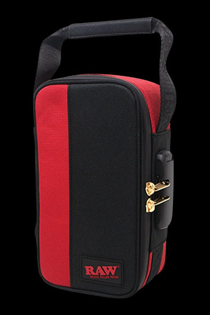 Red and black RAW rolling supply case with combination locks.