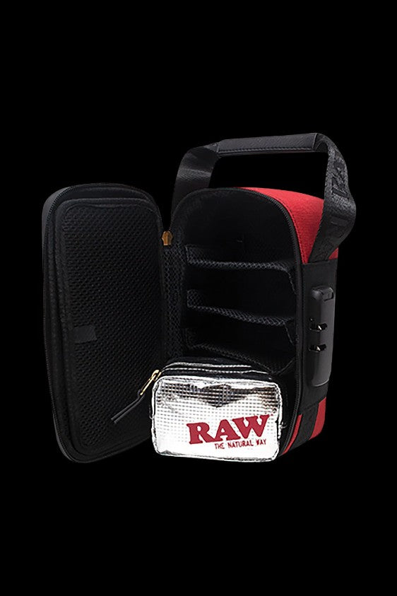 Open black and red cannabis storage case with a RAW rolling paper pouch inside.