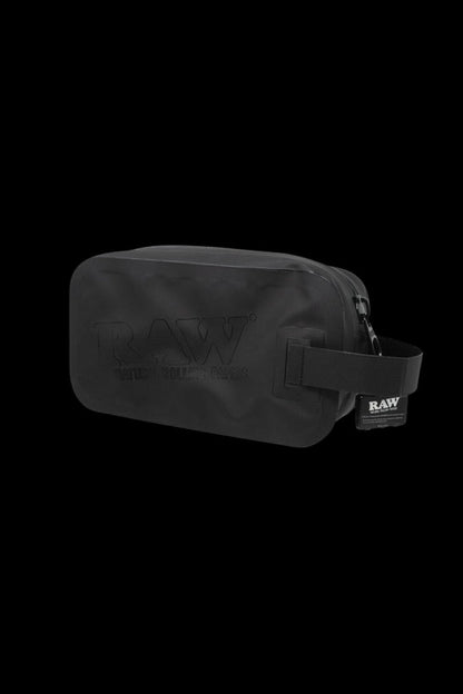 Black RAW travel pouch with embossed logo and handle.