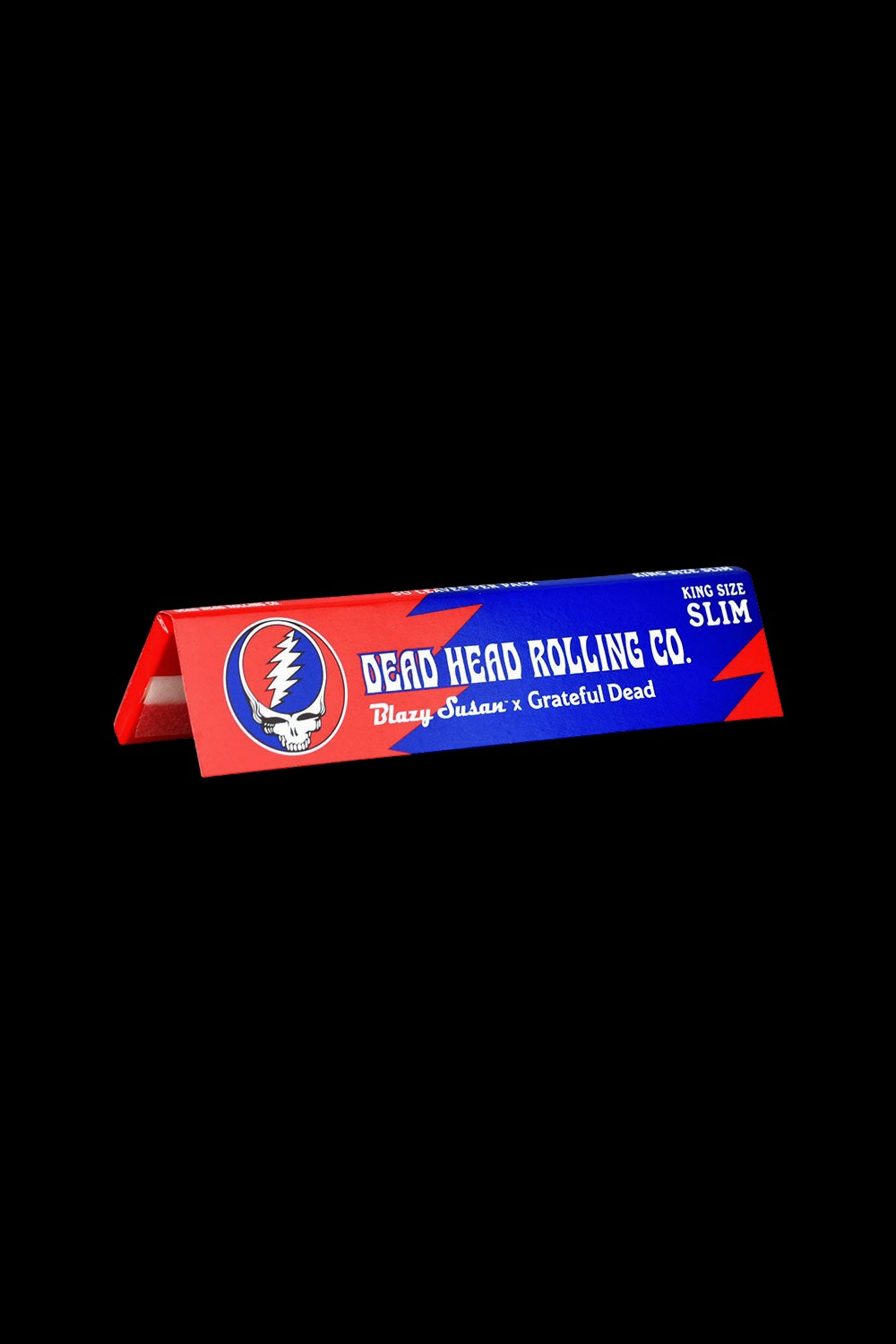 Pack of “Dead Head Rolling Co.” king size slim rolling papers with a red and blue Steal Your Face skull logo.