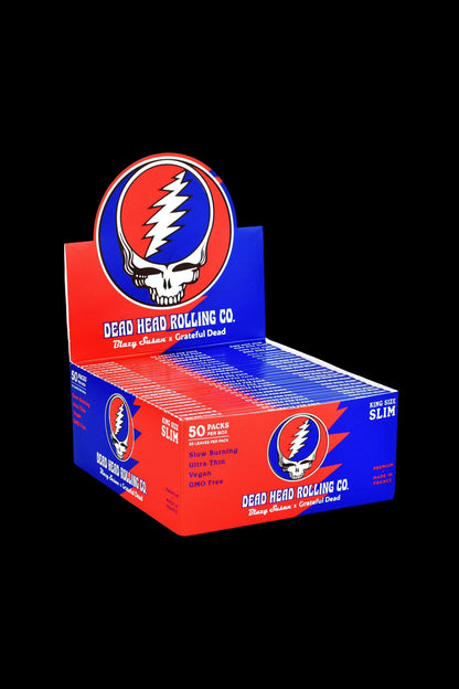 Box of “Dead Head Rolling Co.” king size slim rolling papers featuring the iconic Grateful Dead Stealie Skull logo.