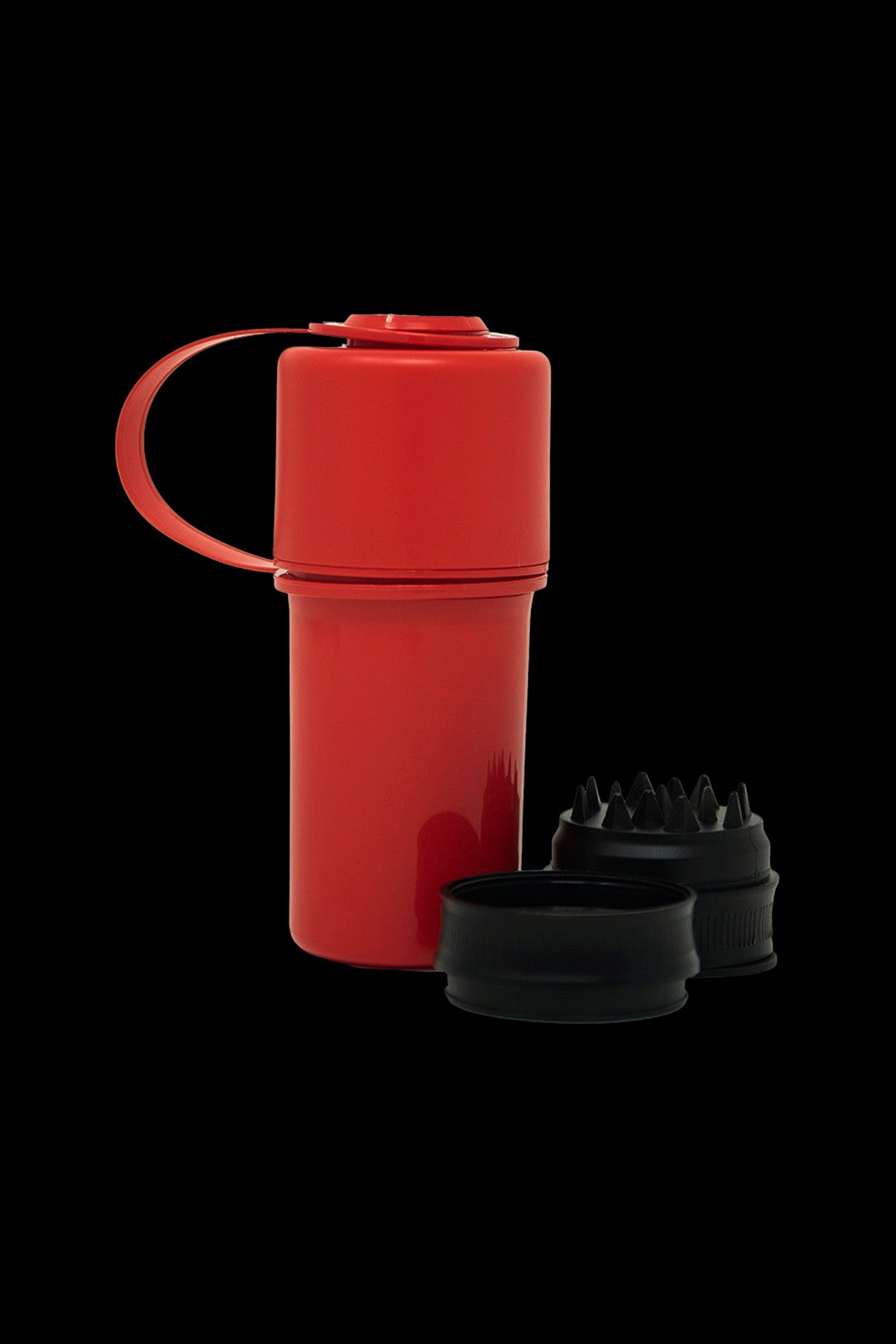 Red grinder container with open grinder components beside it.