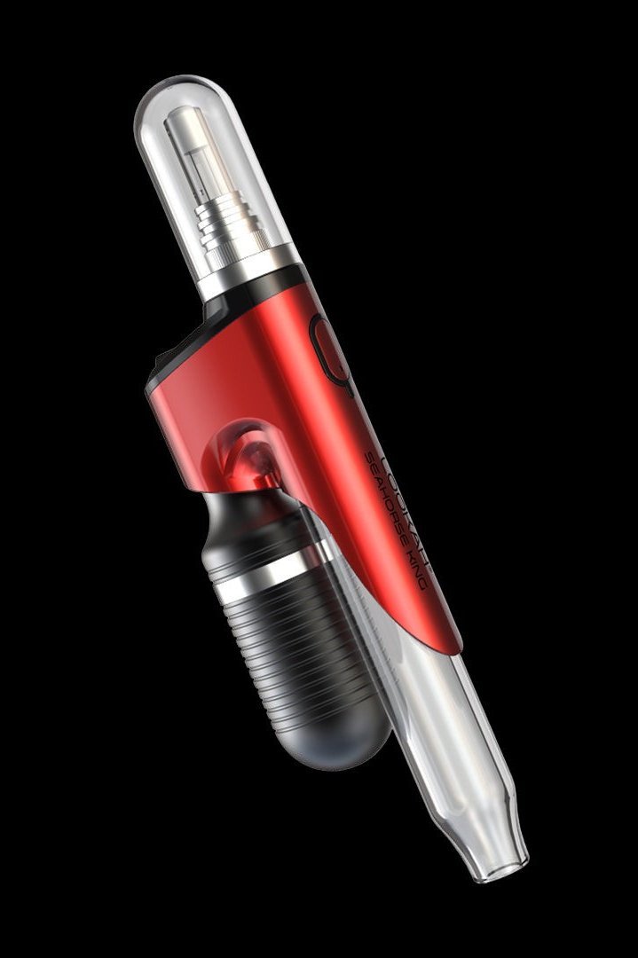 Red and black cannabis oil vaporizer pen with a clear cartridge.