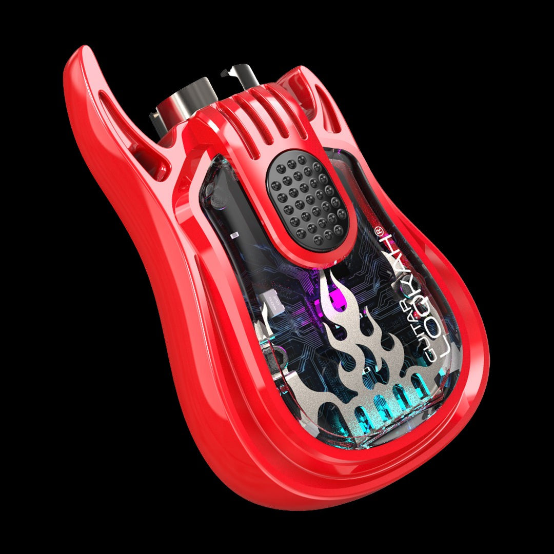 Red electronic dab rig with flame graphics against a black background.