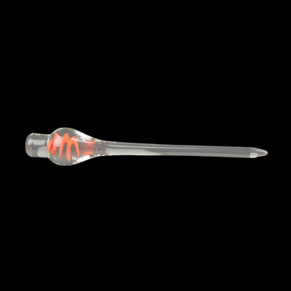 Glass oil rig dab tool with orange and white swirls.