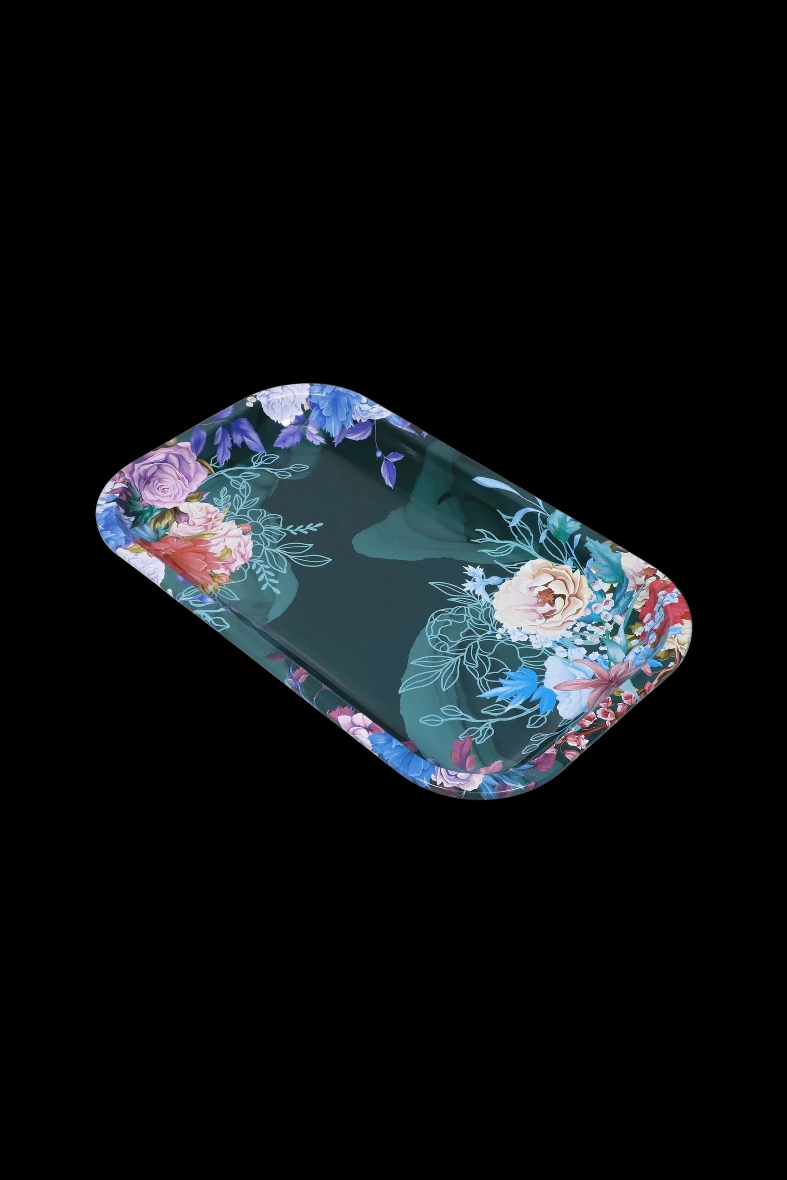 Floral rolling tray with colorful botanical illustrations on a dark green background.