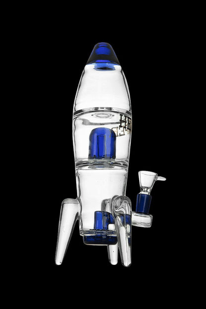 Glass rocket ship-shaped water pipe with blue accents, displayed on a black background.