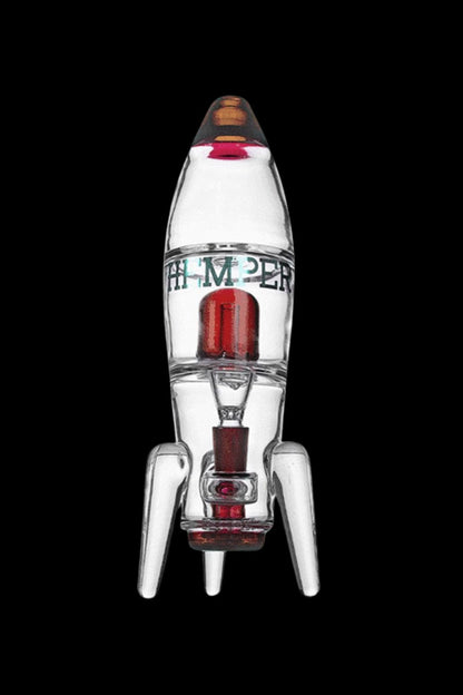 Glass rocket ship water pipe with red accents against a black background.