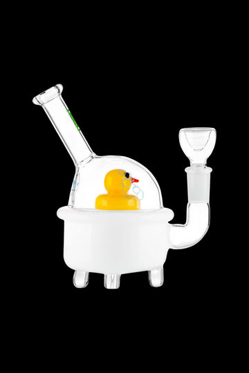 Glass bathtub-shaped water pipe with a rubber duck inside, isolated on a black background. - Hemper Ducky Bong