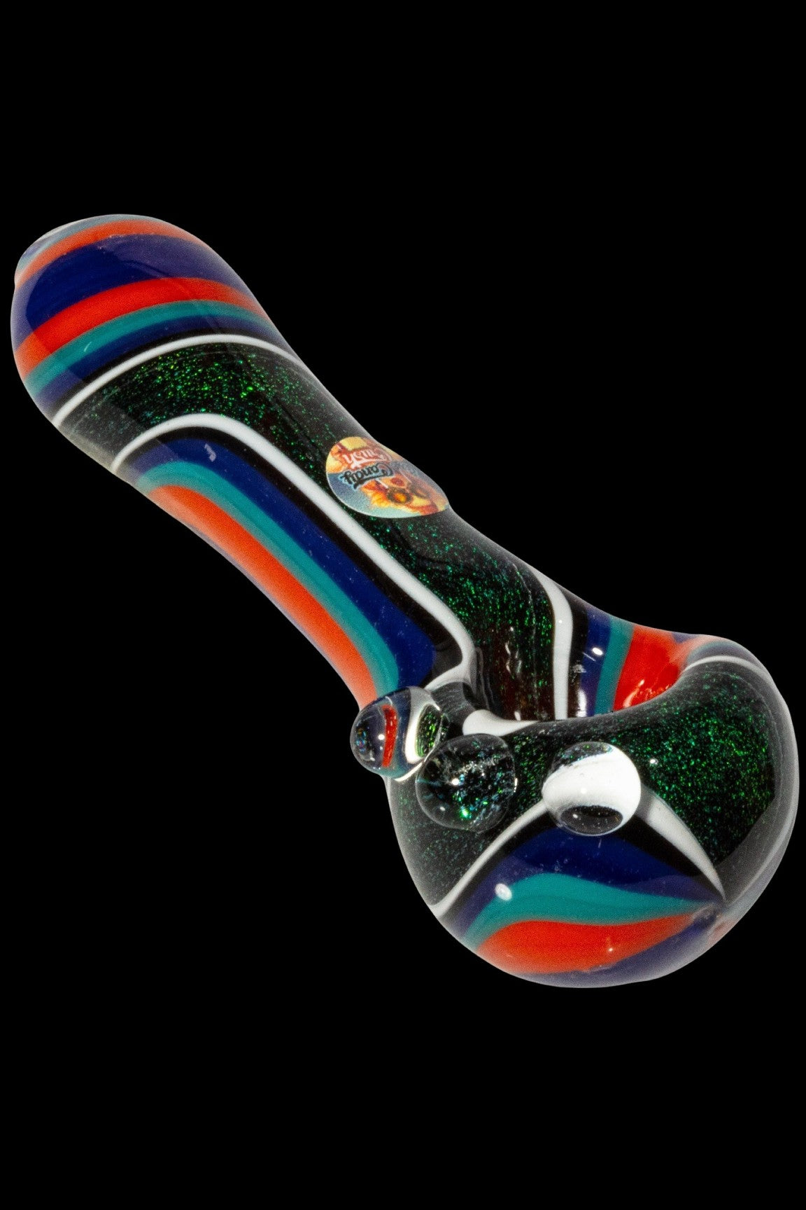 Colorful glass smoking pipe with glitter accents.