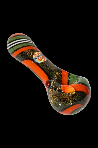 Red, green, and black striped glass pipe for cannabis use.