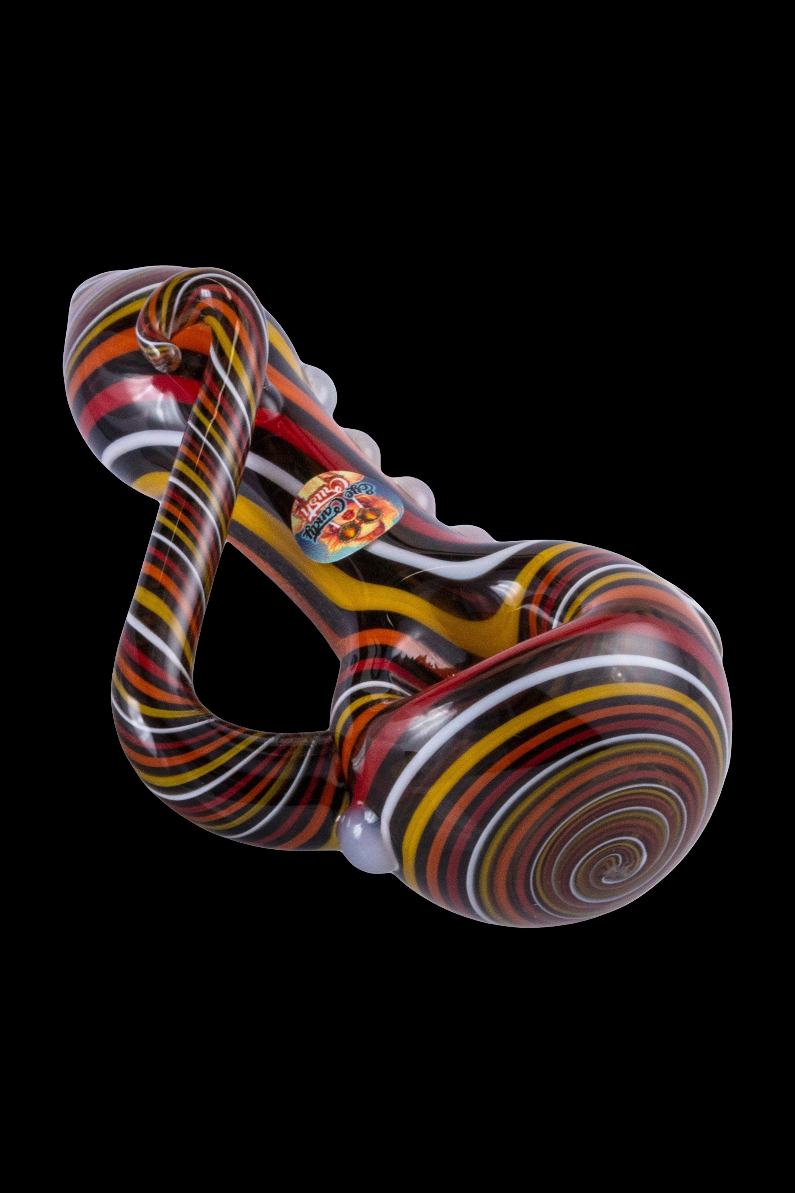 Colorful glass pipe with swirling stripes and a rounded bowl.