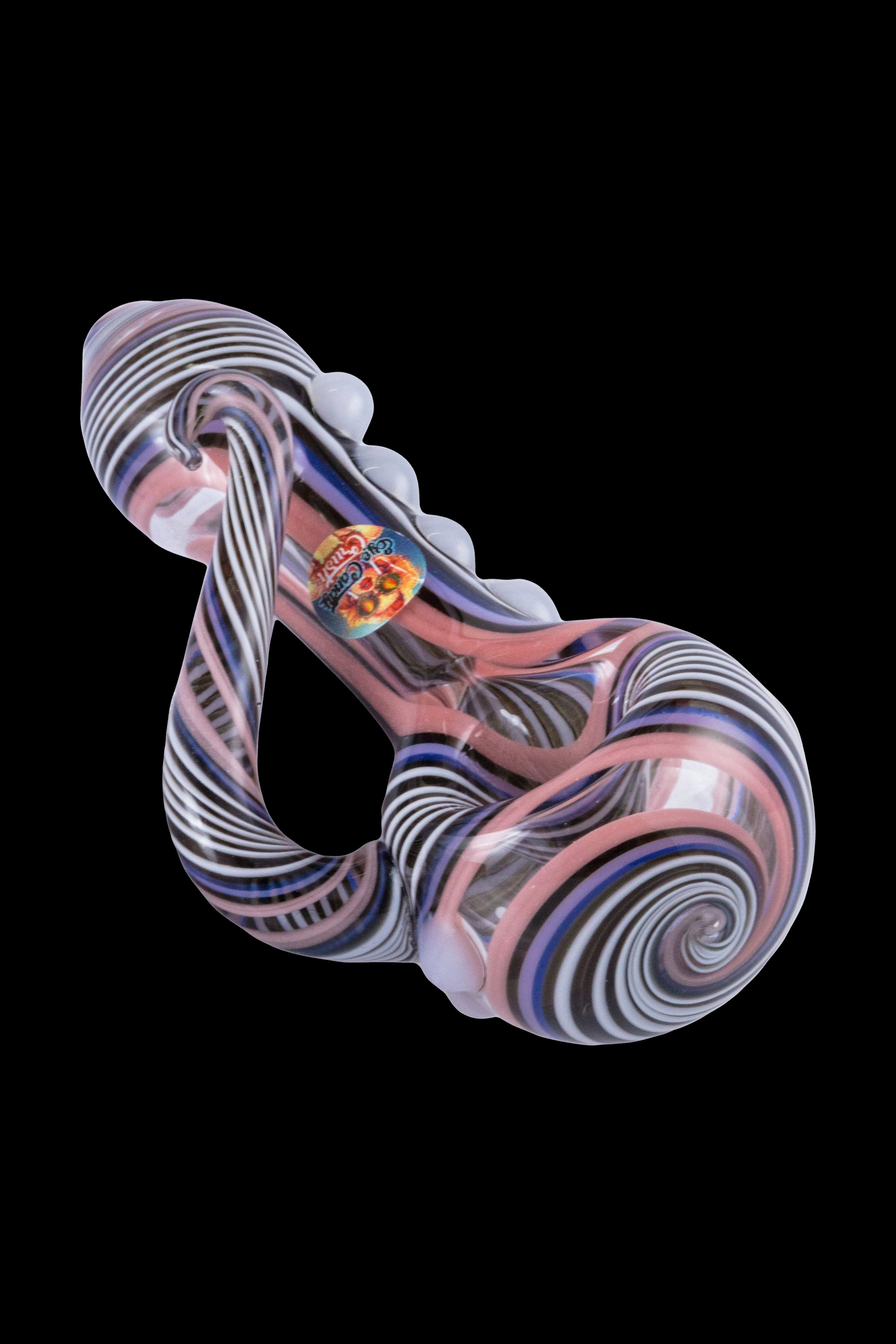 Hand-blown glass cannabis pipe with pink and white striped pattern.