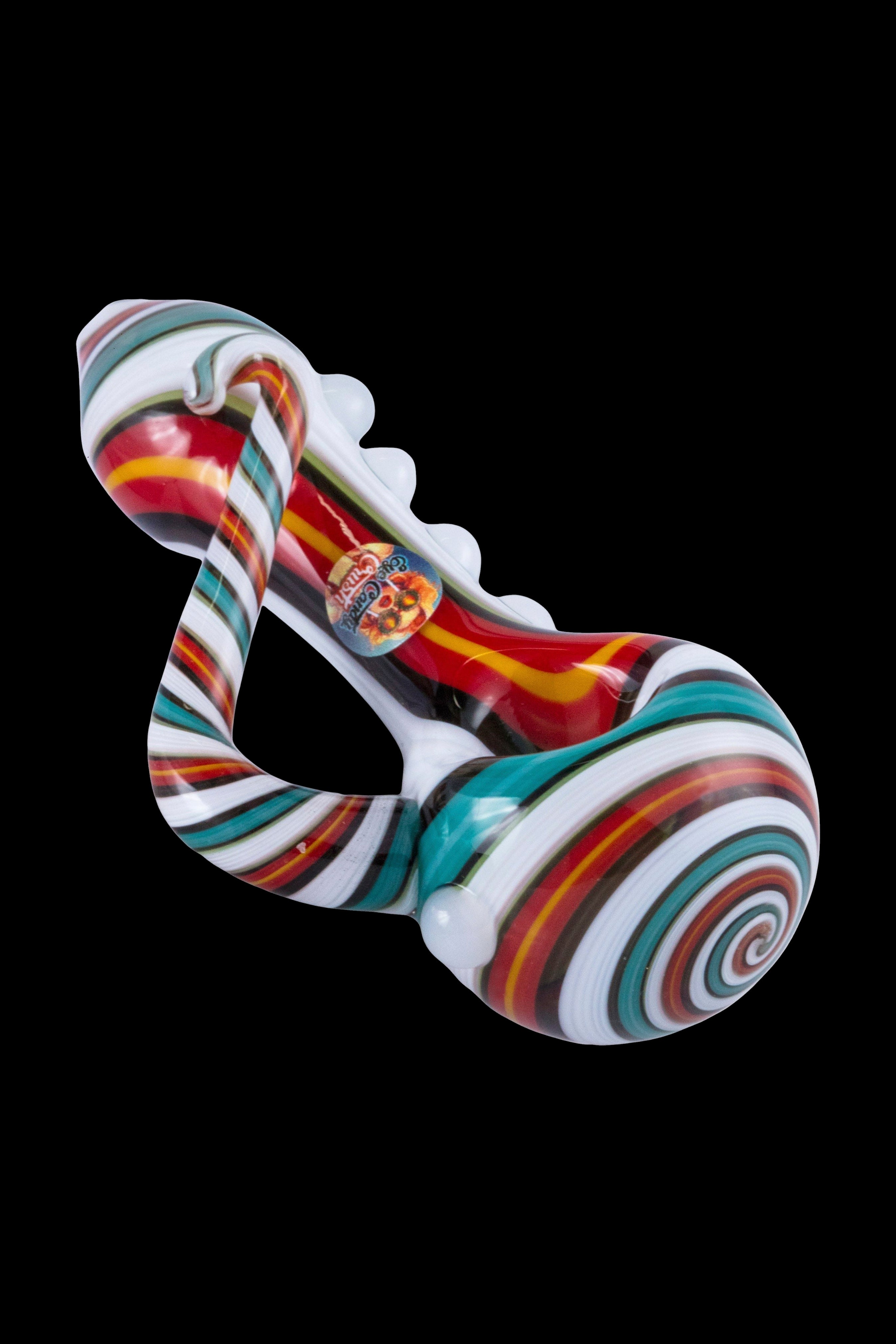 Colorful glass cannabis pipe with swirling stripes and a branded sticker.
