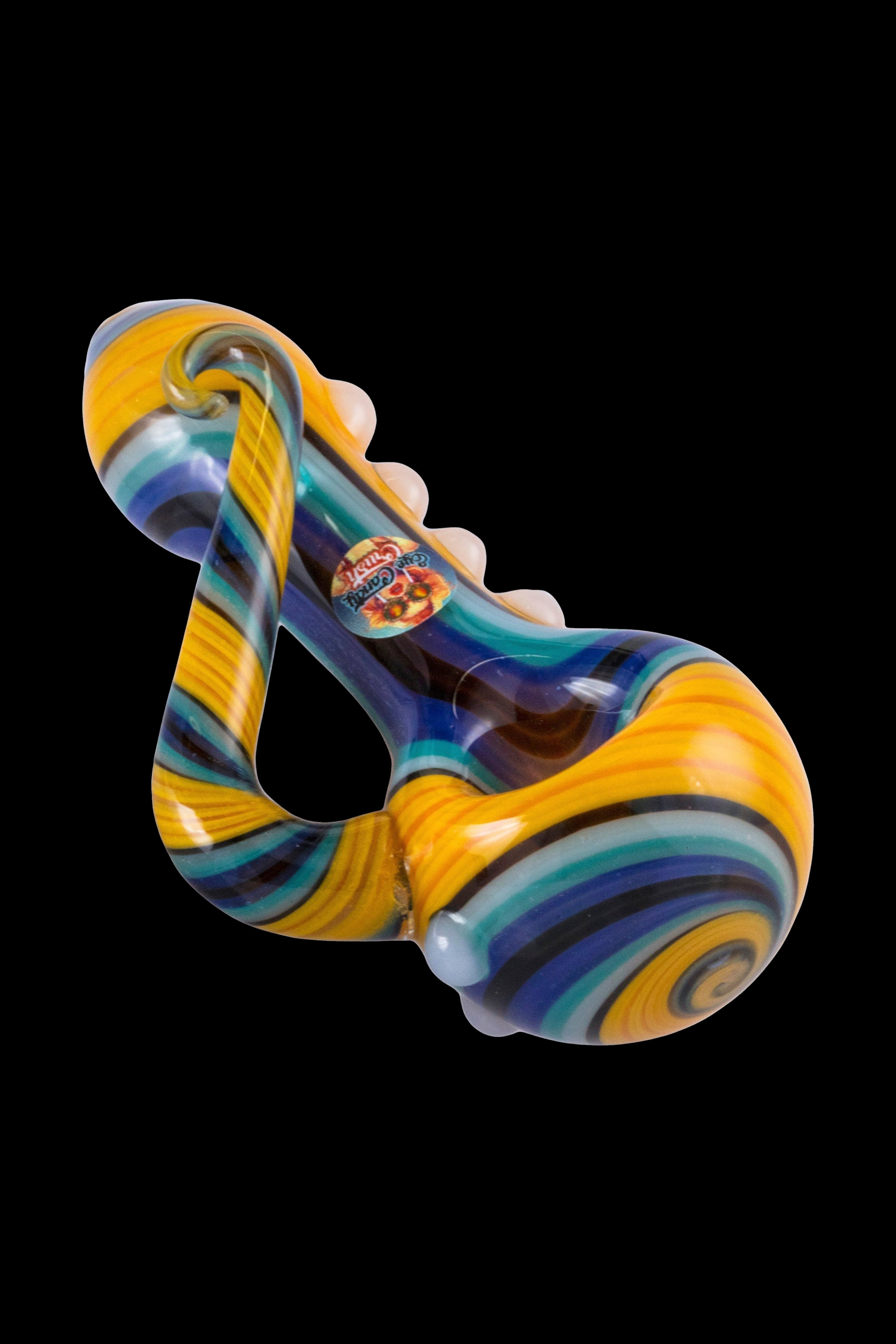 Colorful glass bubbler with intricate swirling patterns.