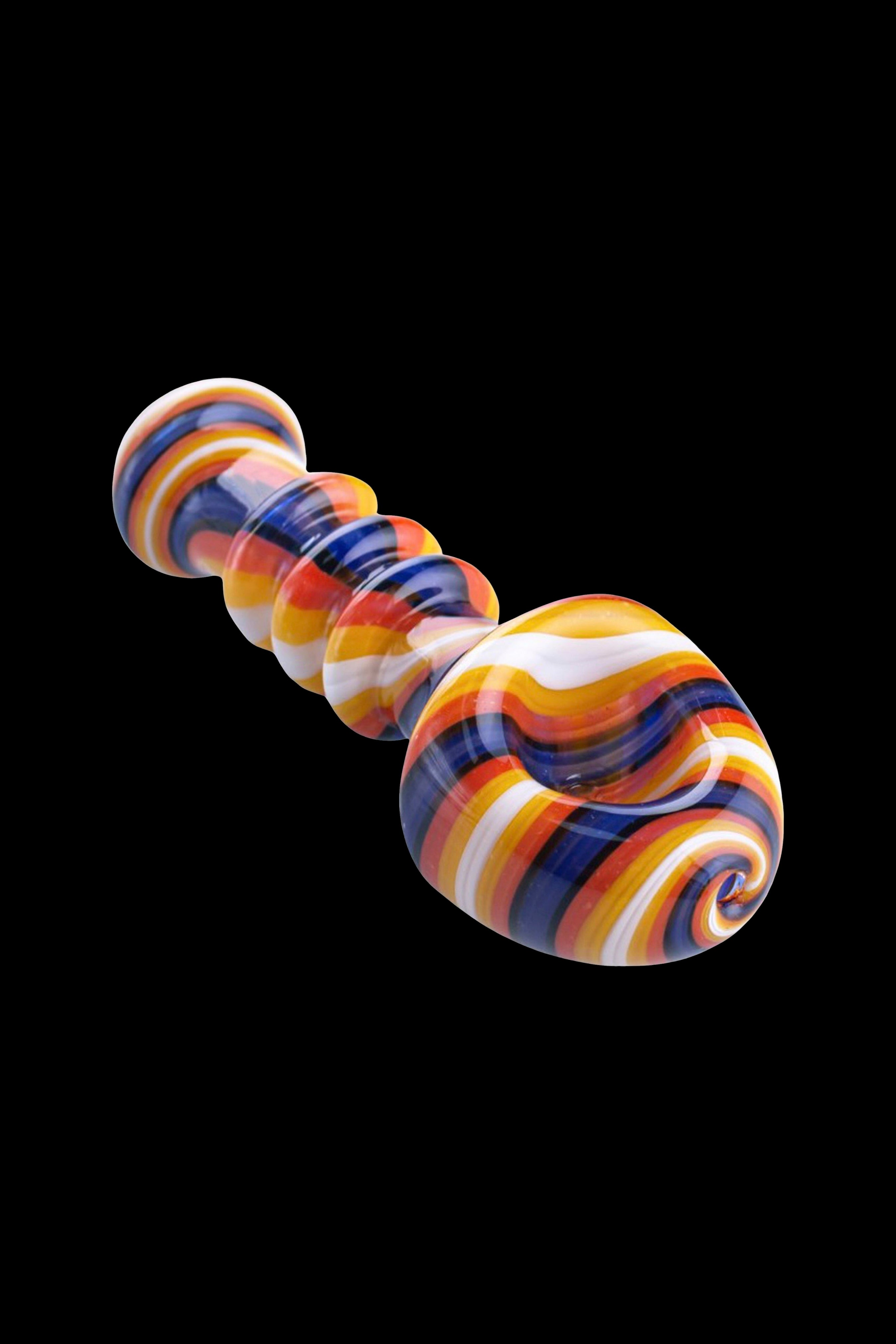 Colorful glass cannabis pipe with a bulbous end and textured stem.