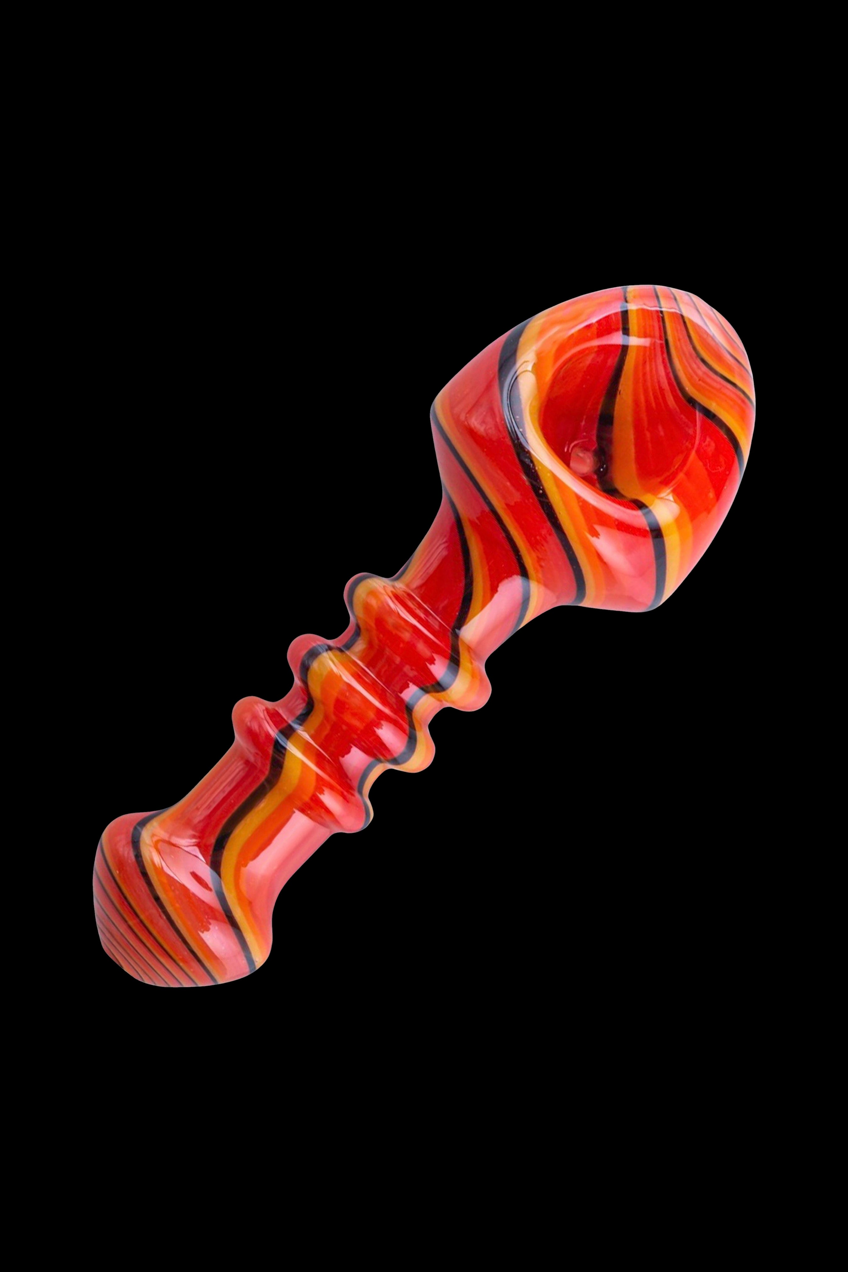 Red and orange swirled glass pipe with a sculpted handle.