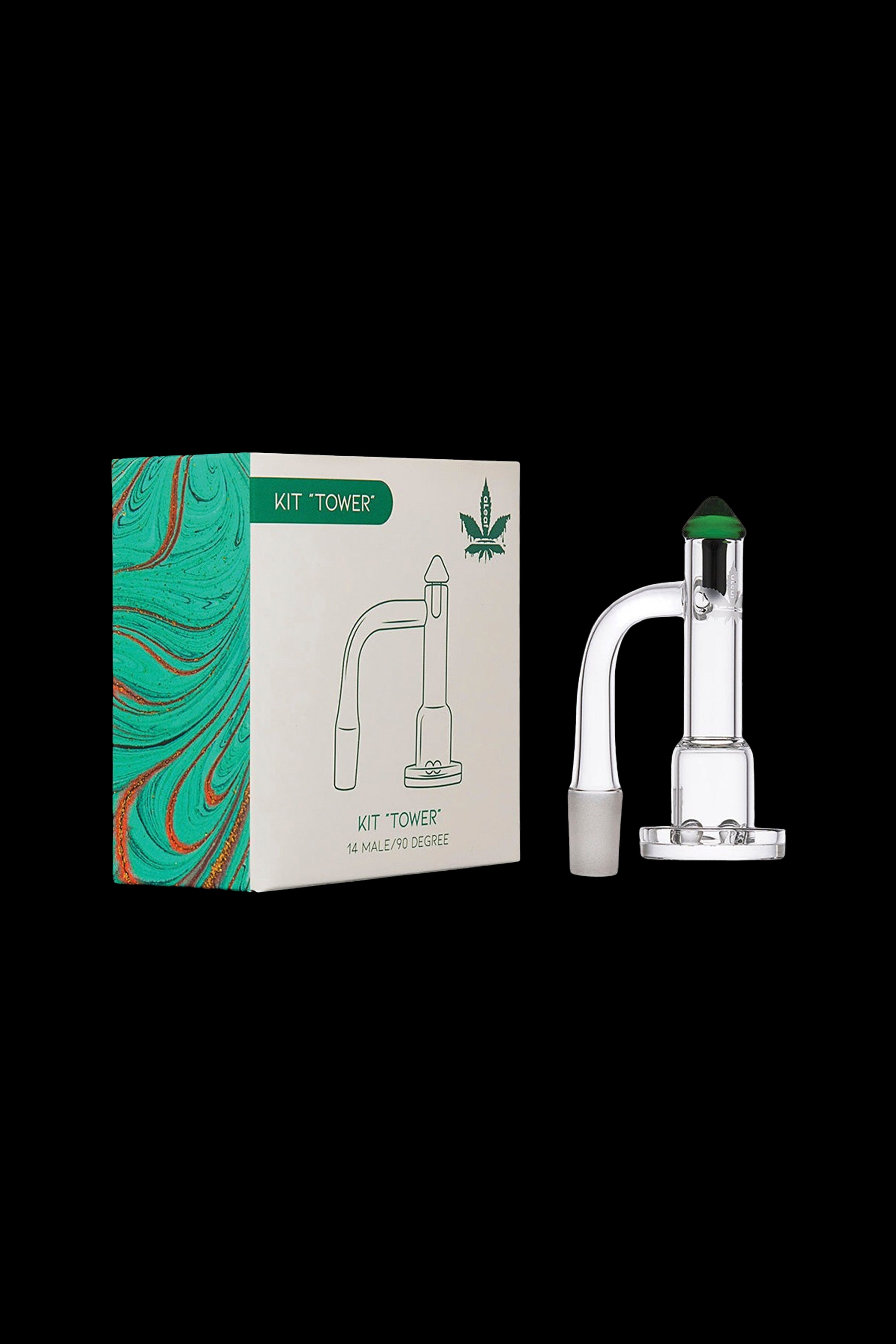 Product shot of a glass cannabis water pipe, labeled “Kit ‘Tower’”, with its packaging.