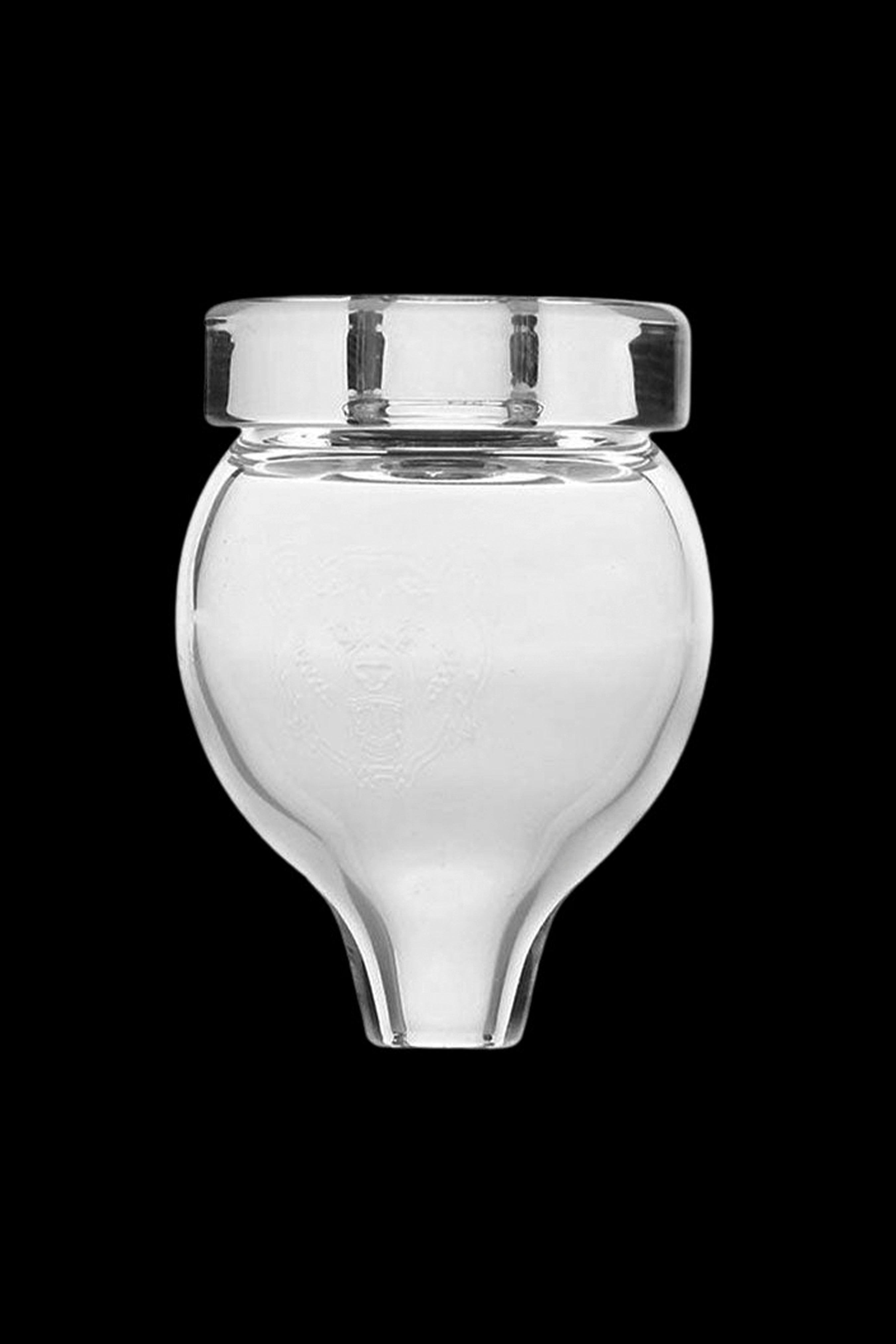 Clear glass dab rig carb cap isolated on black.