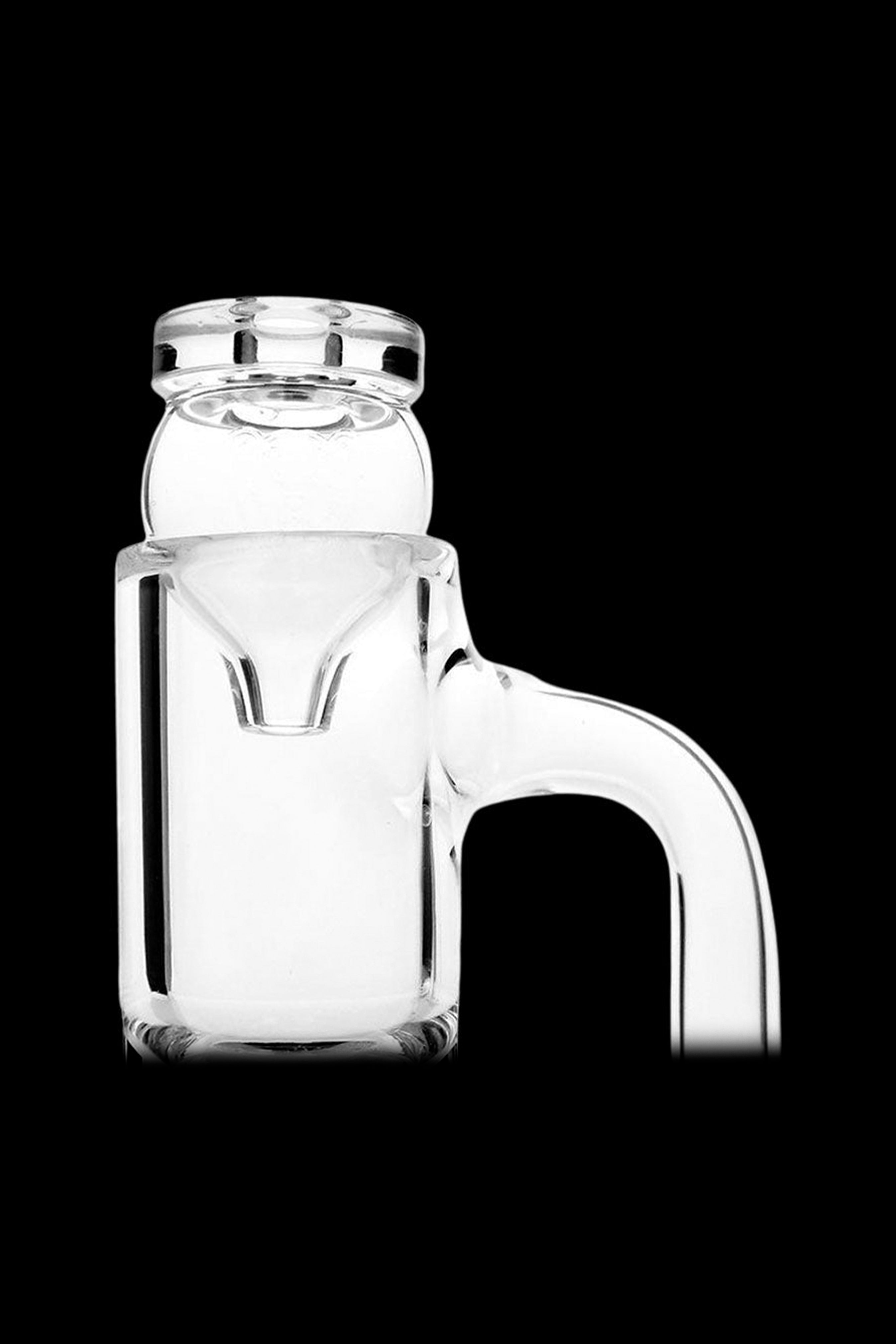 Clear glass dab rig attachment with angled mouthpiece.