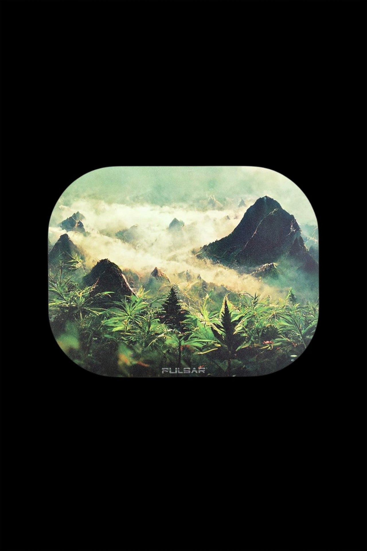 A hazy, painterly landscape of lush, green mountains and cannabis plants, branded with "Pulsar."