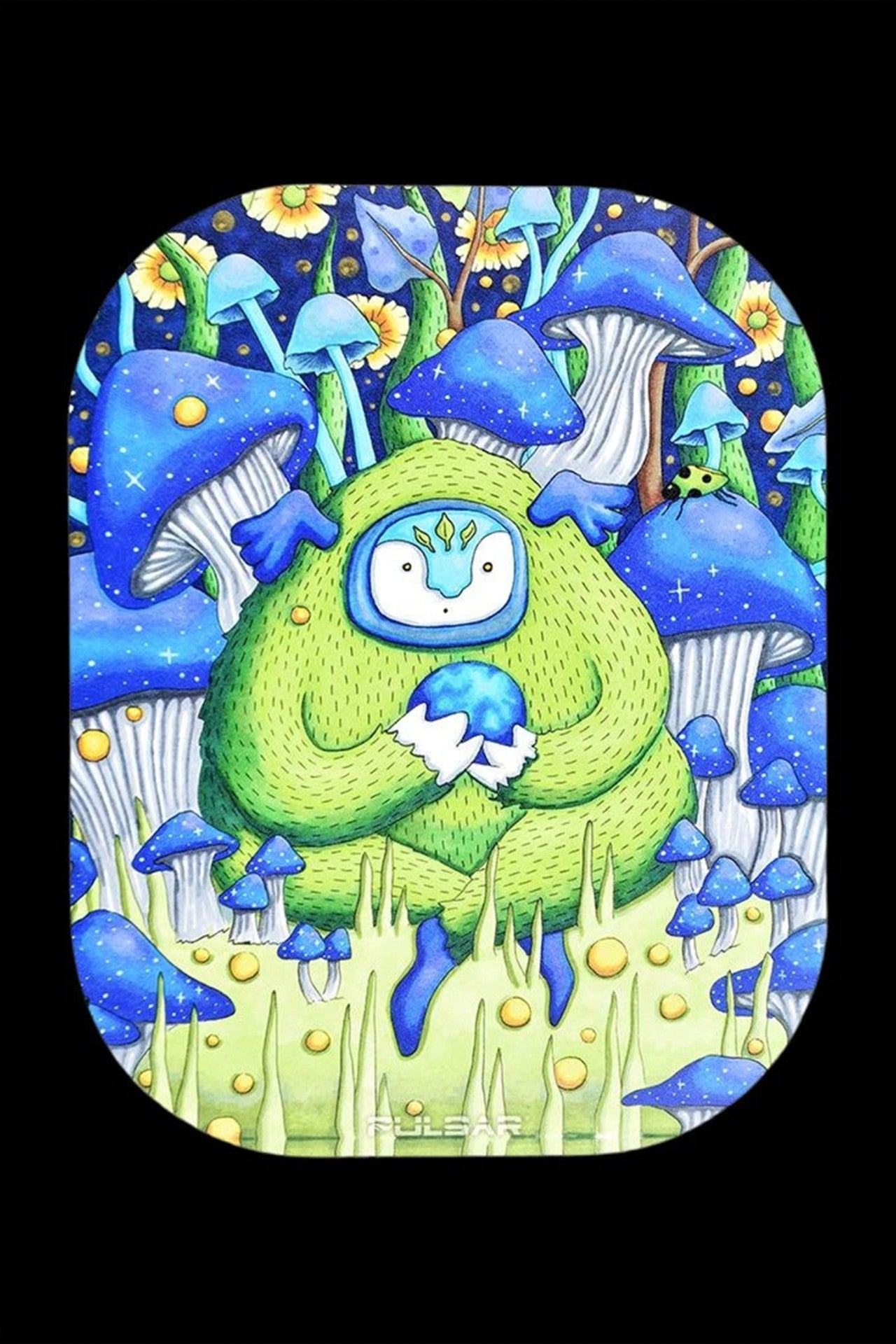 Whimsical illustration of a green, yeti-like creature cradling a blue cannabis bud amidst a glowing, bioluminescent mushroom forest.