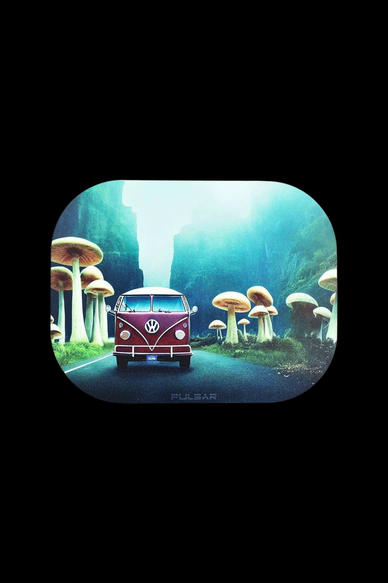 Vintage Volkswagen van driving through a field of glowing mushrooms, evoking a psychedelic, cannabis-culture aesthetic.
