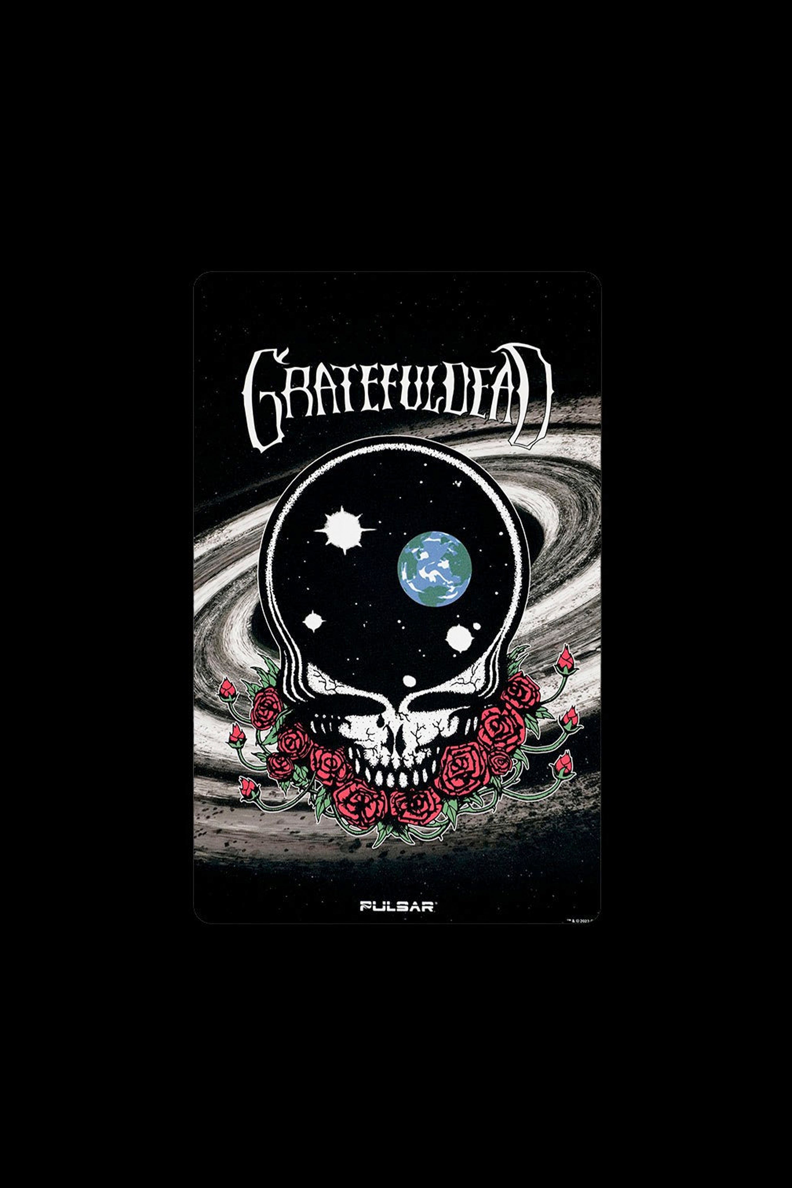 Grateful Dead-inspired cannabis packaging featuring a skull with a swirling galaxy and red roses, branded with “Pulsar.”