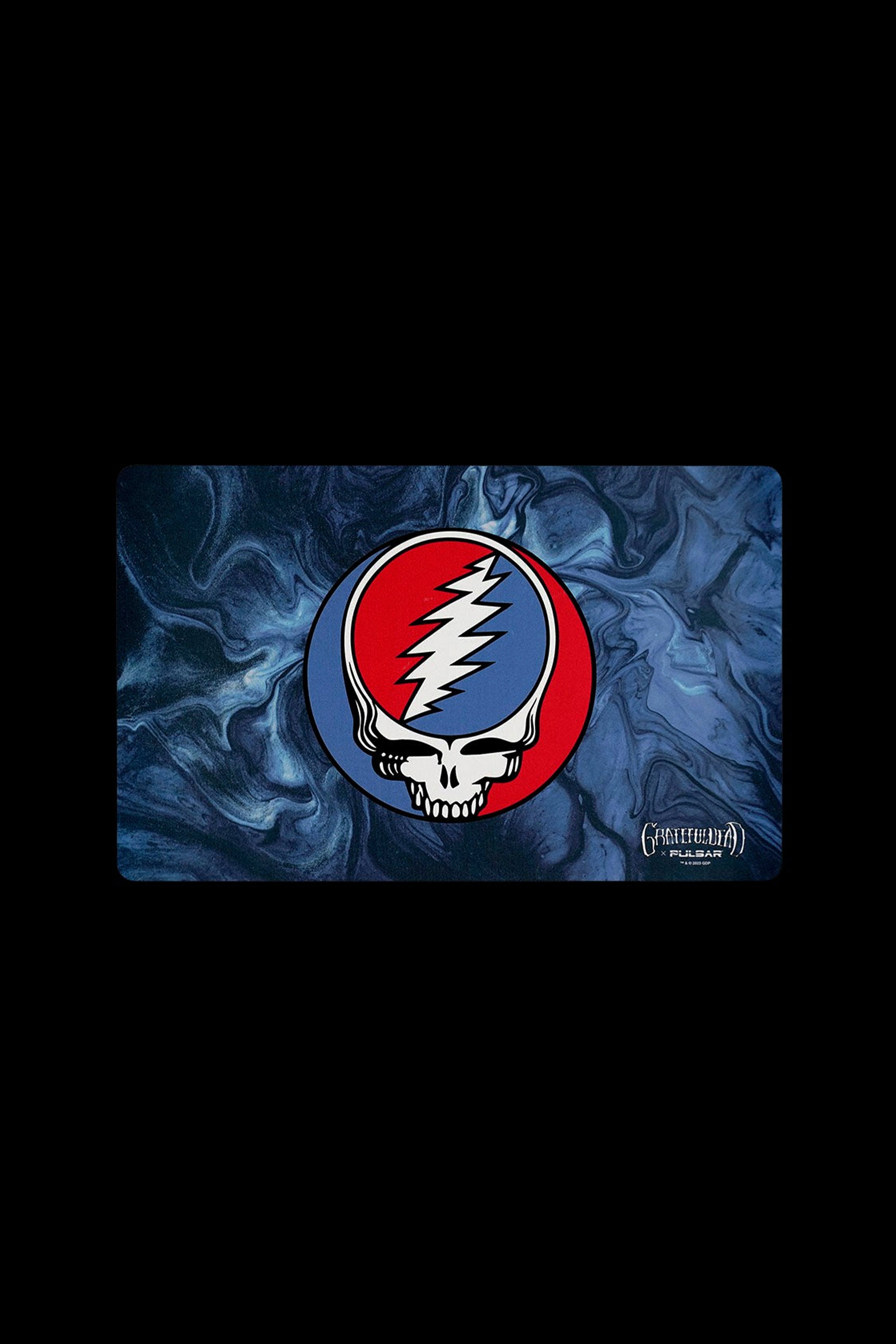 Grateful Dead Steely Dan rolling tray with marbled blue and black design.